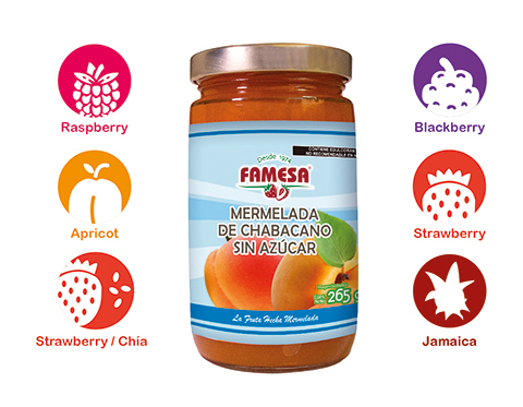 Premium fruit flavored sugar free jams Raspberry | Apricot | Strawberry/Chia | Blackberry | Strawberry | Jamaica